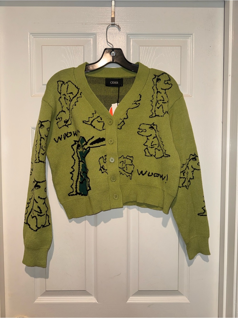 Cider Olive Green Cropped Dinosaur Button Cardigan. Size L. NWT